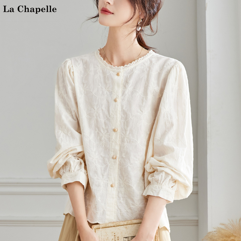 La Chapelle Pure Cotton Lace Trim Round Neck Shirt for Women, Long Sleeve, Loose Fit, Stylish Top for Petite Figures, Spring Season