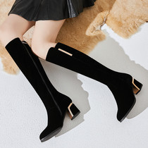 Long Drum Rider Boots Woman Frosted Coarse Heel Pointed High Cylinder Boots Lean Boots Autumn Winter However Knee-length Boots Woman High Heel Shoes