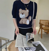Early autumn new round neck fine wool knitted needle female Joker soft cartoon bear pullover middle sleeve top female