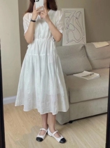 South Korea summer New temperament sweet V-collar long wrinkle drawstring waist short sleeve dress women Q200
