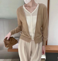 Design sense fine wool sweater womens autumn New temperament thin fake two outside v collar long sleeve sweater cardigan