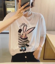 2022 Summer new thin Slim Fleece Fleece Stitch Weaselwear Cute Cartoon Rabbit Loose Short Sleeve Blouse