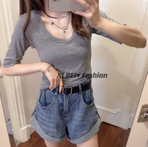 2021 new mid-sleeve mask T-shirt female stretch thin Korean big U collar fashion versatile solid color base shirt thin