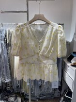 X XIU new sleeve 22731 temperament style V collar single row button Heavy work embroidered lotus leaf side shirt female summer