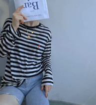 European station 2021 summer new round neck embroidery love letter stripes loose long sleeve Tencel sunscreen T-shirt women