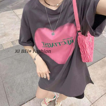 Korea 2021 summer pink letter love round neck loose lazy wind Big Board T-shirt female wild top
