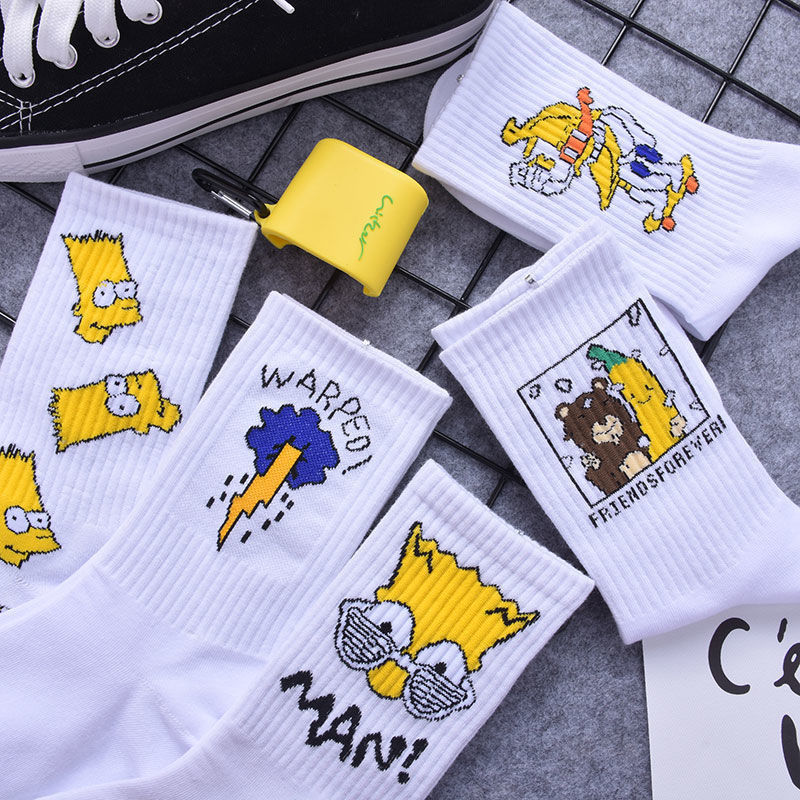 Simpson Cartoon Socks Unisex Long Socks Korean Style ins White Mid-Calf Street Fashion Sports Breathable High-Waisted