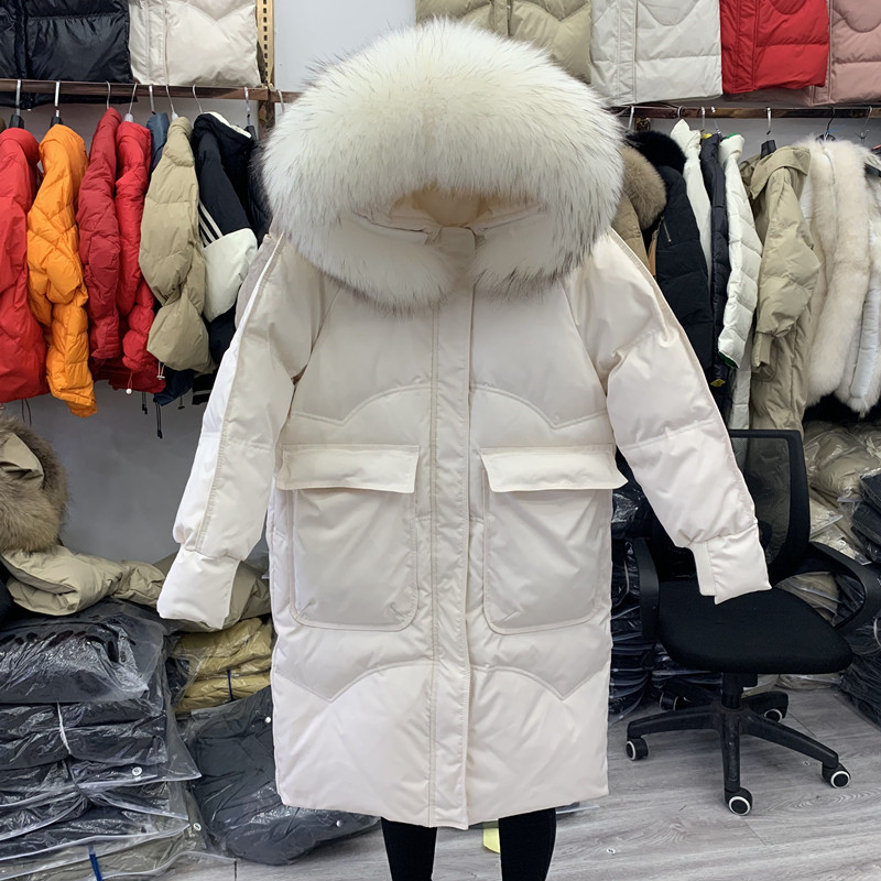 Winter new Korean Dongdaemun real fur collar pocket down jacket women's mid-length over-the-knee large size thickened loose coat