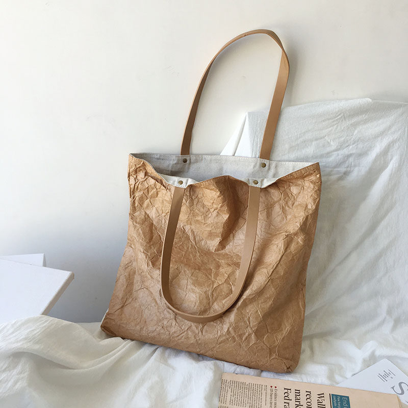 Retro Japanese-Style Waterproof Kraft Paper Tyvek Tote, Large Canvas-Lined Shoulder Bag - Thumbnail 2