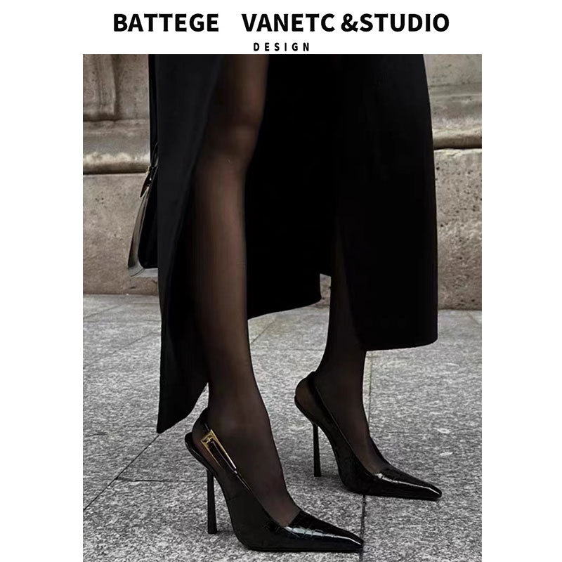 Yang Shulinazha's Same Style High Heels 2024 New Model Small Gold Heel Black Pointed Toe Backless Strap Stiletto Shoes