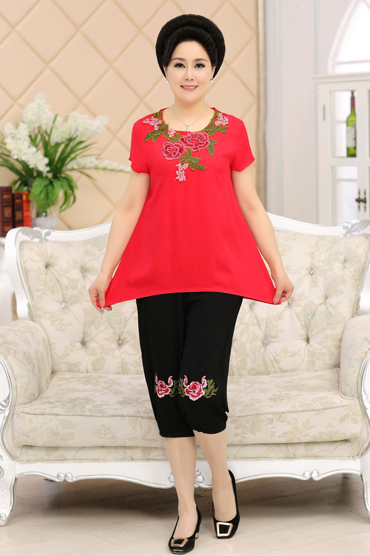 Phụ nữ trung niên của mùa hè ăn mặc đặt 6XL5 cộng với phân bón XL mẹ thêu bông giản dị và vải lanh hai mảnh đặt 200 kg áo sơ mi nữ trung niên