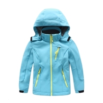Outdoor childrens soft shell clothes boys and womens assault clothes plus velvet warm waterproof student baby jacket hooded detachable