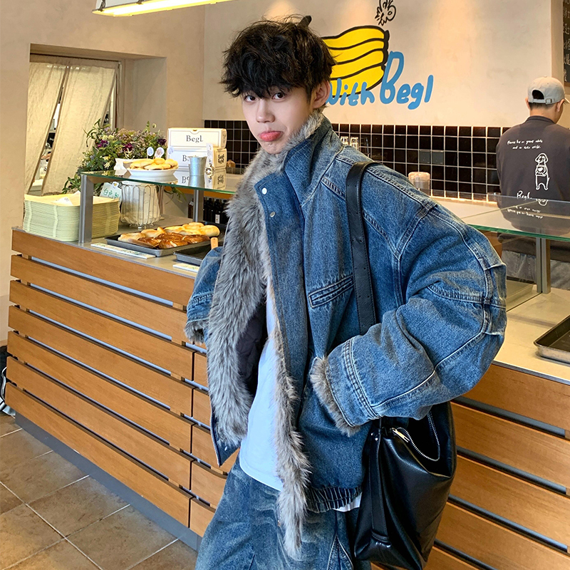 American-Style Cowboy Couple's down Cotton Jacket, Retro Deconstructed Design, Stand-Up Collar, Fleece-Lined, Thickened Cotton Coat, Trendy American-Style Cowboy Couple's down Cotton Jacket, Retro Deconstructed Design, Stand-Up Collar, Fleece-Lined, Thickened Cotton Coat, Trendy