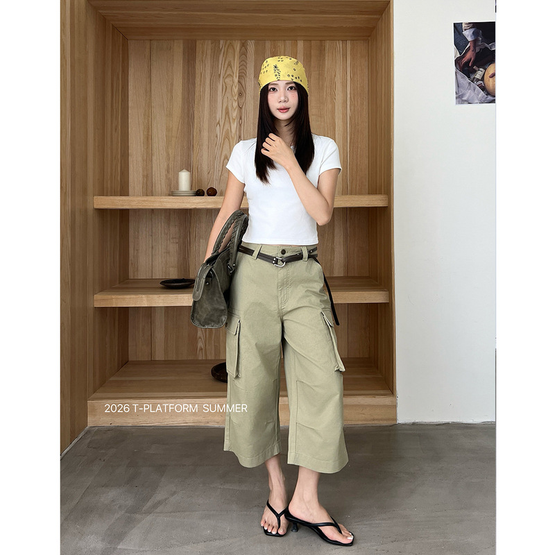 T-Platform Thirteen Lines American Retro Work Pants Multi-Pocket Khaki Casual Cropped Pants 16136 T-Platform Thirteen Lines American Retro Work Pants Multi-Pocket Khaki Casual Cropped Pants 16136