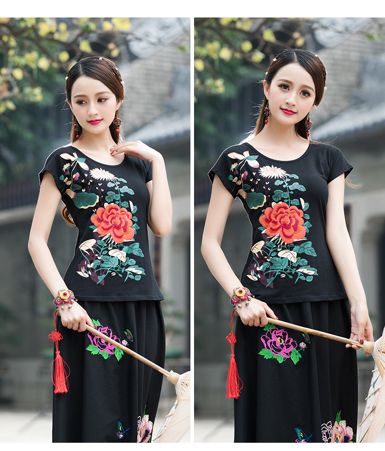 Mùa hè mới gió quốc gia của phụ nữ áo thêu ngắn tay t-shirt nữ Trung Quốc phong cách thêu kích thước lớn Slim đáy áo áo thun nữ form rộng dễ thương