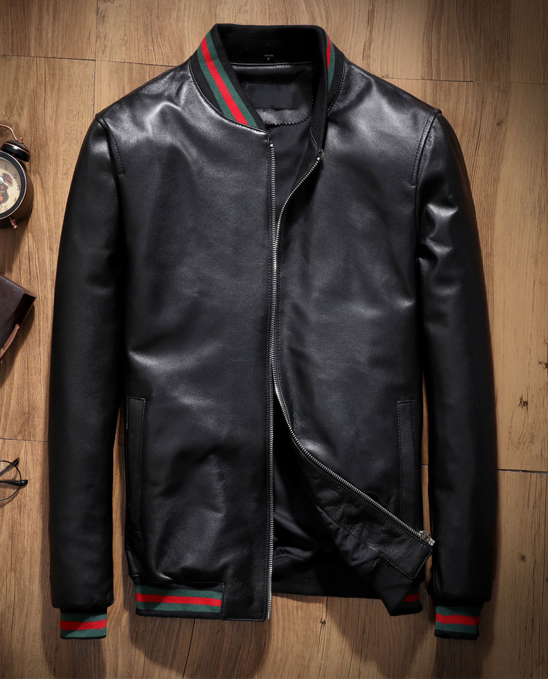 Haining autumn new leather leather men's short slim sheepskin jacket collar baseball suit motorcycle thin