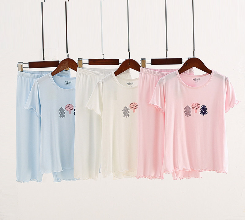 Girls Modal Short Sleeved Pajamas Girls summer thin solid color Baby Cartoon Air conditioning home suit suit three-point pants