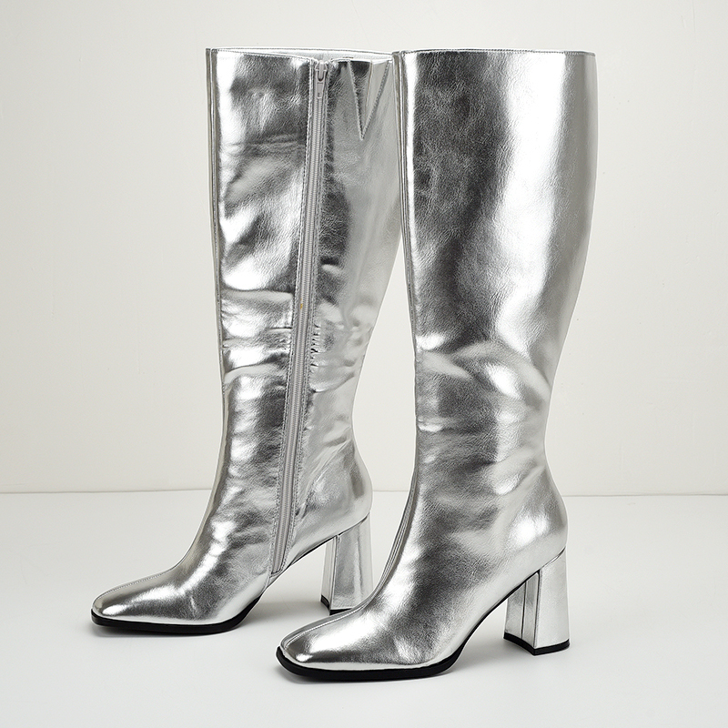 Trendy Silver Crackle Pattern High Heels for Autumn and Winter, Sexy Runway Style, Square Toe, Chunky Heel, Over-The-Knee Long Boots