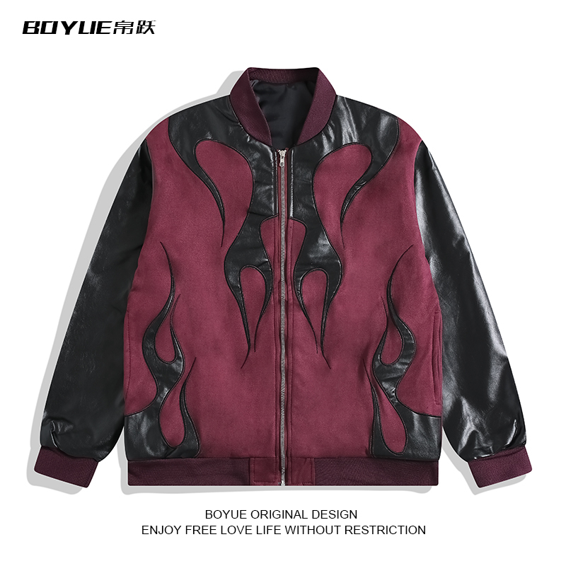 Boyue European and American Fashion Patchwork Color-Block Leather Jacket Street Style Flame Pattern Baseball Jacket for Men and Women