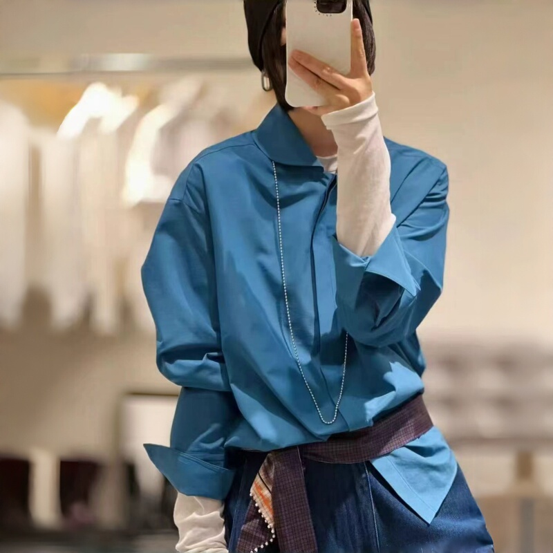 European Station 2026 Autumn New Collection European Style Matte Texture Turquoise Blue Shirt Simple Artistic Long-Sleeved Shirt for Women