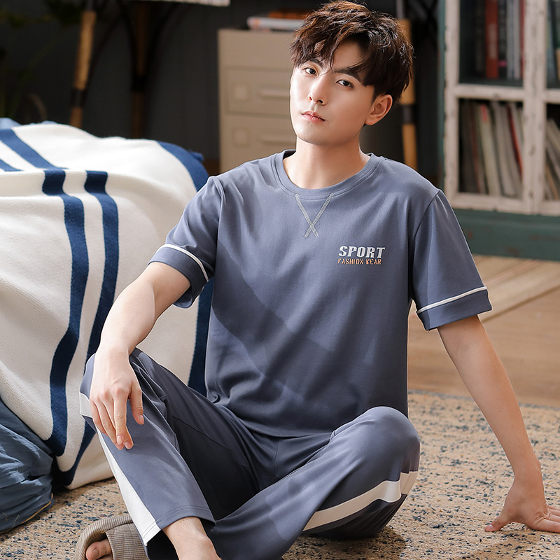 Summer mens mới bộ đồ ngủ cotton quần ngắn tay hai mảnh bộ pajamamen trẻ bộ bông giản dị.