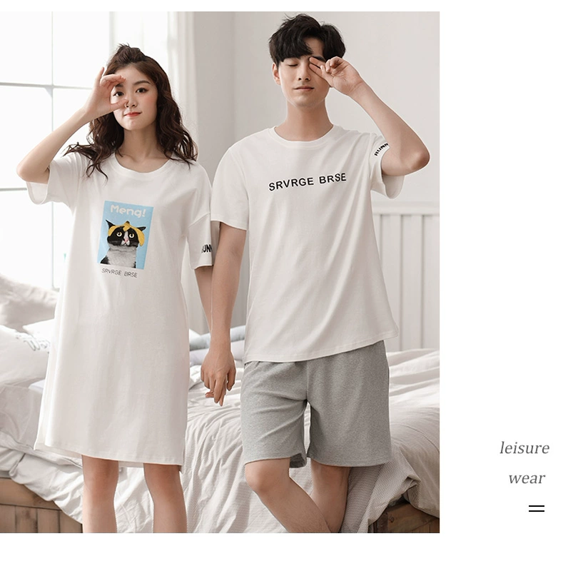 Phiên bản Hàn Quốc của bộ đồ ngủ đôi cotton mùa hè lỏng lẻo nữ dễ thương nightdress nam cotton phục vụ nhà - Bộ Pajama