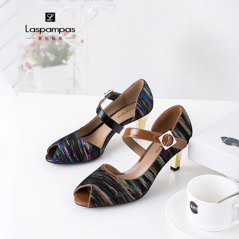 Laspamaps Laspamaps 2019 New Year Comfortable Sheepskin High Heel Flower Leather Fish Mouth Sandals