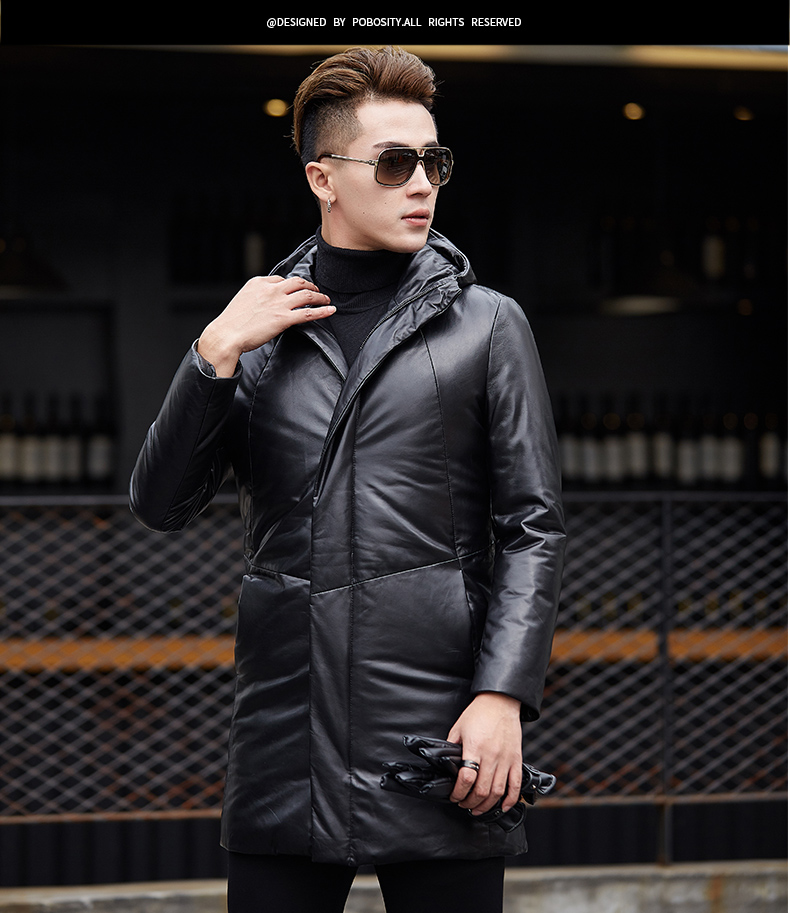 Papo Shidi 2018 mới Hained leather leather nam áo gió dài trùm đầu da cừu xuống áo khoác 79 áo bò nam