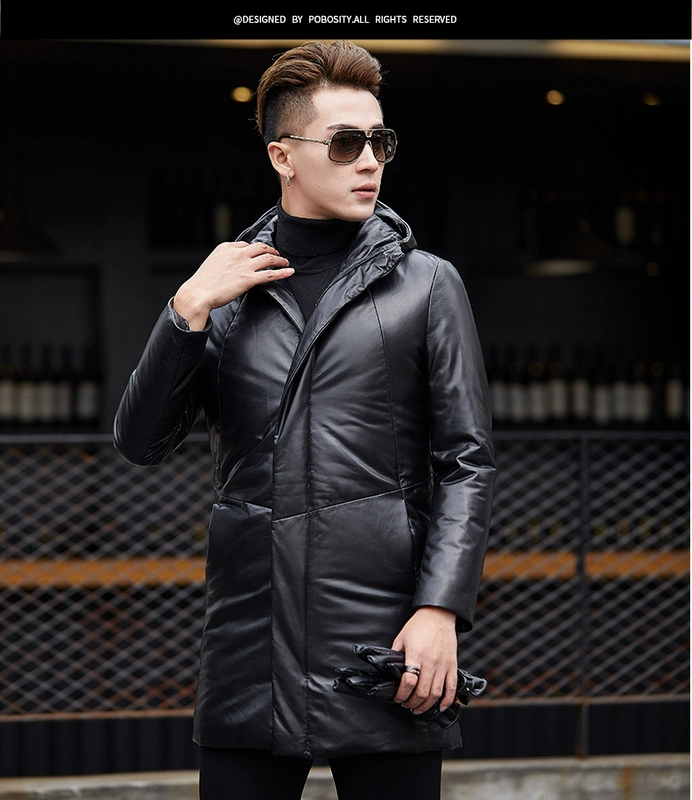 Papo Shidi 2018 mới Hained leather leather nam áo gió dài trùm đầu da cừu xuống áo khoác 79