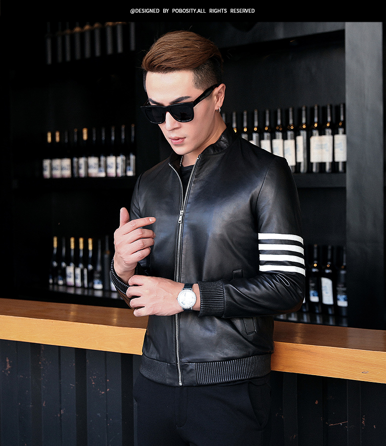 Papo Shiti Mùa xuân mới Da Haining Da của người đàn ông da cừu bóng chày Slim Jacket 89