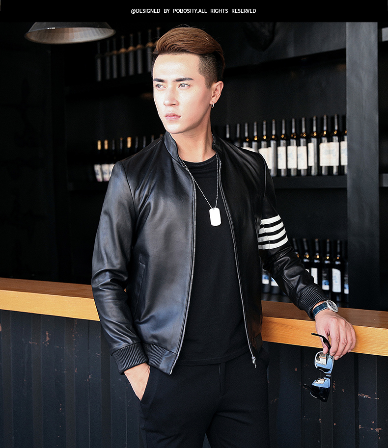 Papo Shiti Mùa xuân mới Da Haining Da của người đàn ông da cừu bóng chày Slim Jacket 89