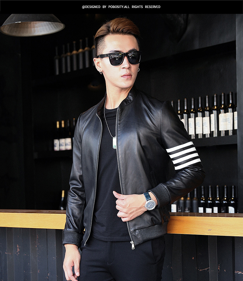 Papo Shiti Mùa xuân mới Da Haining Da của người đàn ông da cừu bóng chày Slim Jacket 89