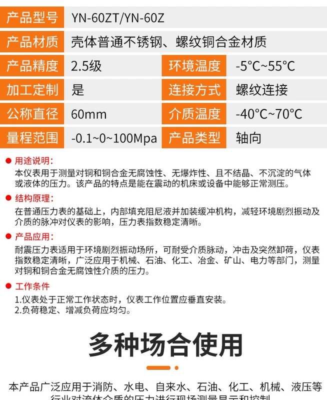 Đồng hồ đo áp suất chống sốc YN-60ZT loại trục 0-1.6MPA