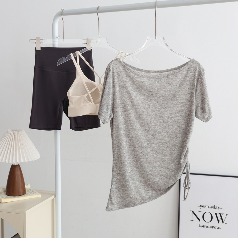 New Summer Yoga Outfit Set for Women with One-Shoulder Design, Drawstring, Stunning Cover-Up Top, Fitness Top, and Sports Shorts