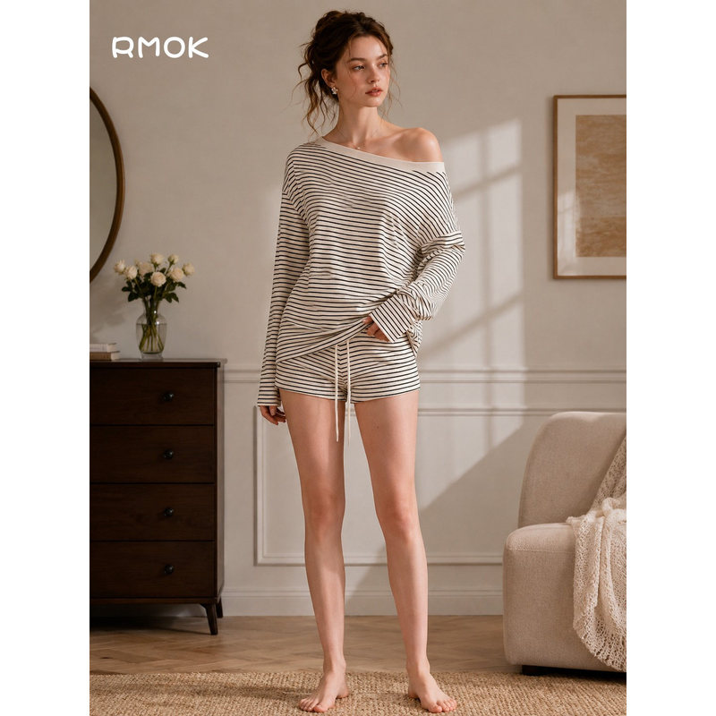 French Rmok Black and White Striped One-Shoulder Long-Sleeved Pajamas for Women, Summer 2026 New Shorts Loungewear Set