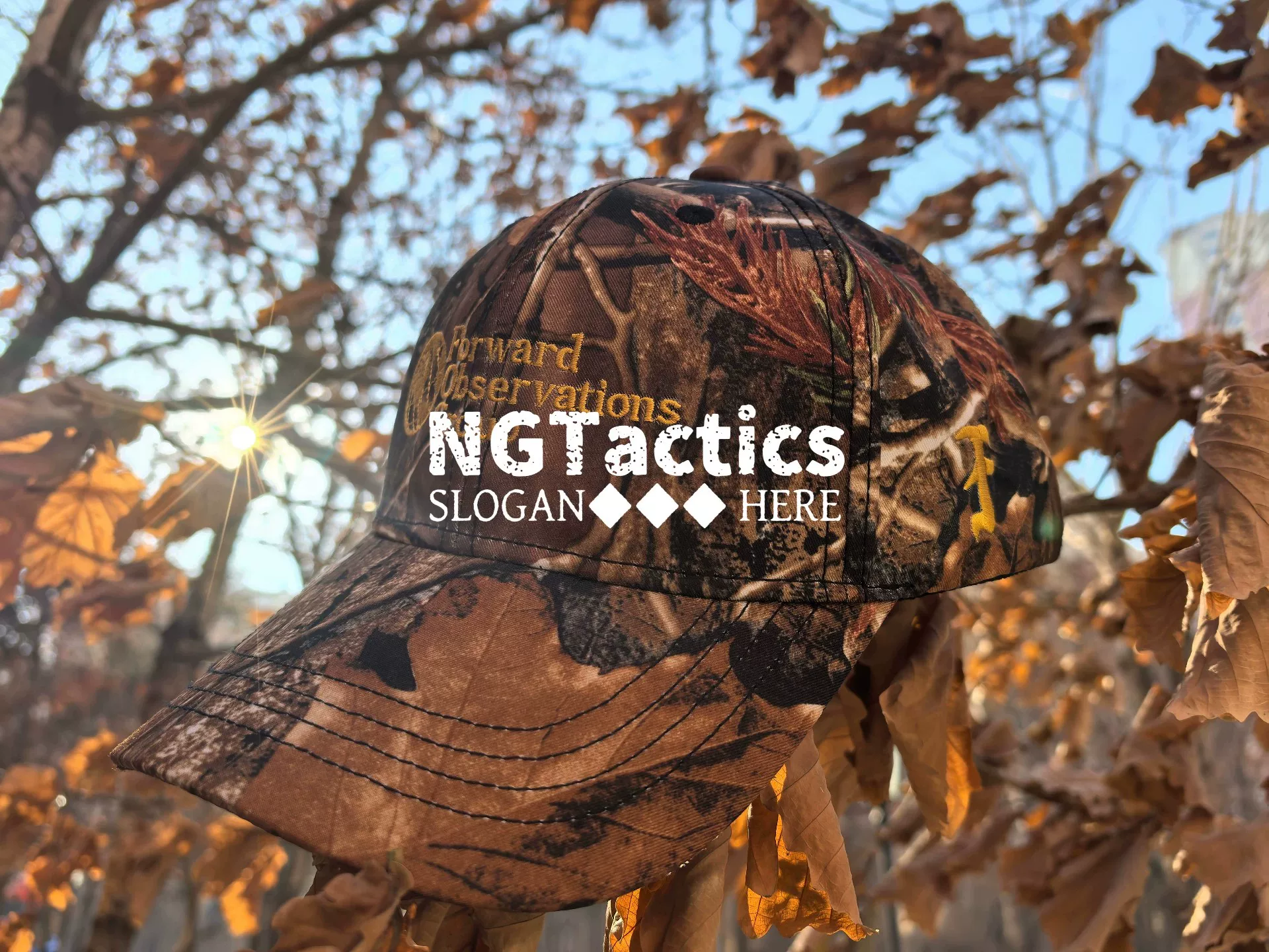 Gorra táctica FE con camuflaje de árbol muerto, vista frontal