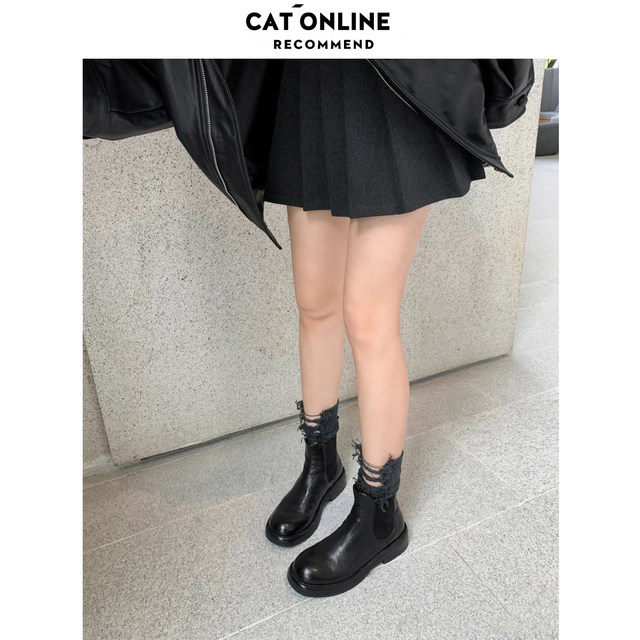 Genuine leather washing horse leather folds thick sole British chimney elastic boots Chelsea short boots women's old Martin boots