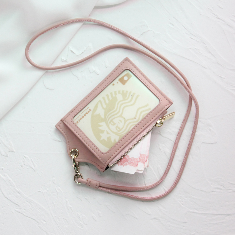 Real leather work certificate sleeve Campus bus subway card hanging rope hanging neck ultra-thin piece of card bag a piece of student female