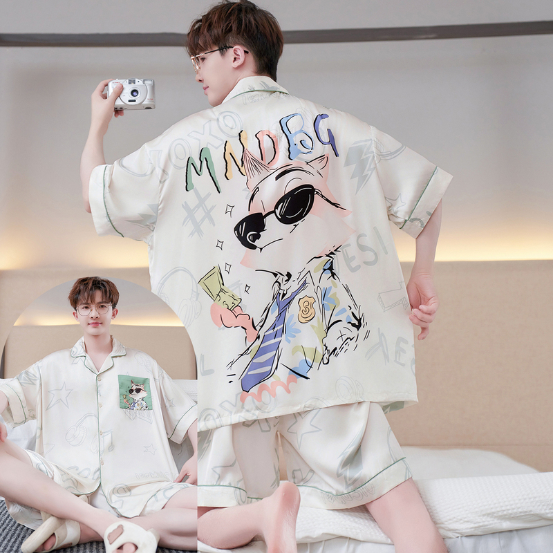 Men's Pajamas Summer Ice Silk Short-Sleeved Cardigan Cartoon Teenagers Students Cool Thin Large Size Home Wear Set