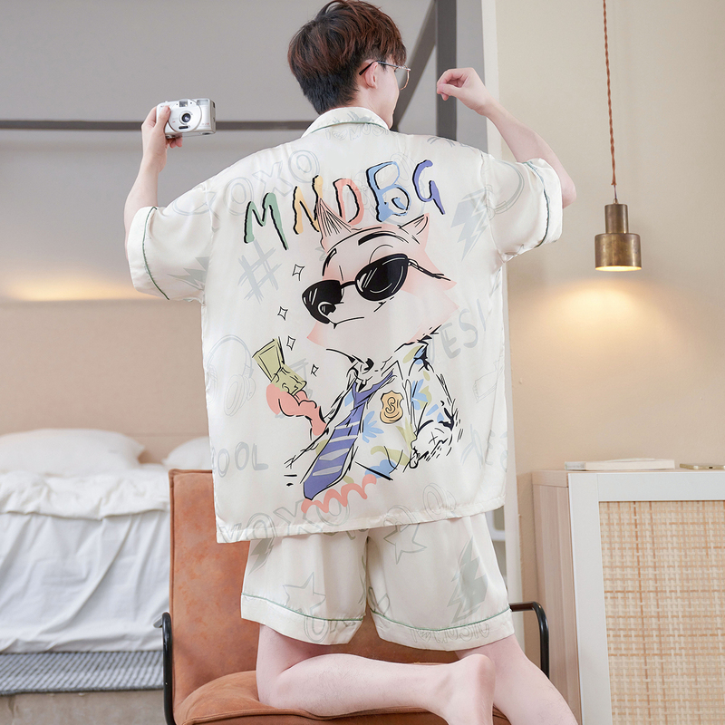 Ice Silk Pajamas for Men, Summer Thin Style, Cartoon Print Short-Sleeved Set, Breathable Home Wear for Older Children, Students and Teenagers Ice Silk Pajamas for Men, Summer Thin Style, Cartoon Print Short-Sleeved Set, Breathable Home Wear for Older Children, Students and Teenagers
