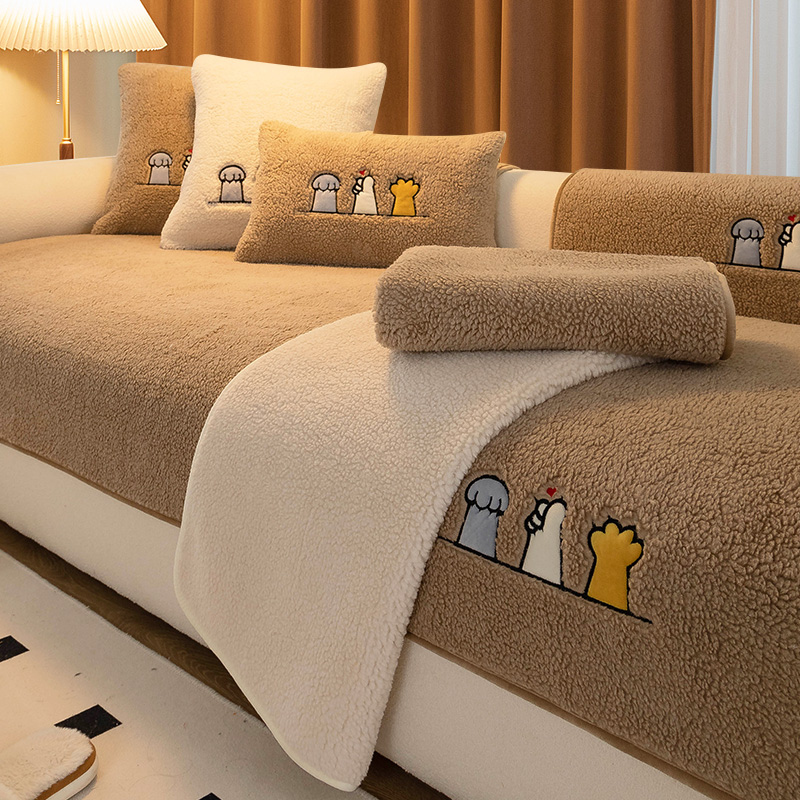 Lamb Plush Sofa Cushion Autumn Winter New 2023 Thickened Cushion Blanket Leather Non-slip All Season Universal Cover Towel-Taobao