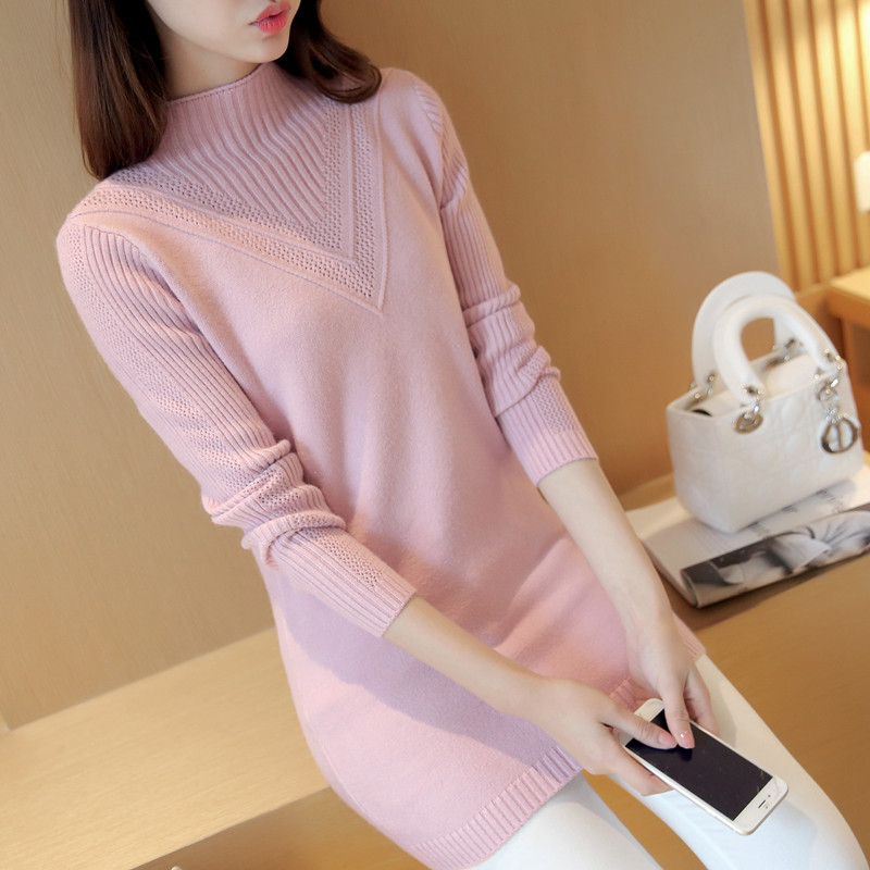 秋冬季套头半高领纯色打底毛衣女2019新款中长款修身毛针织衫学生