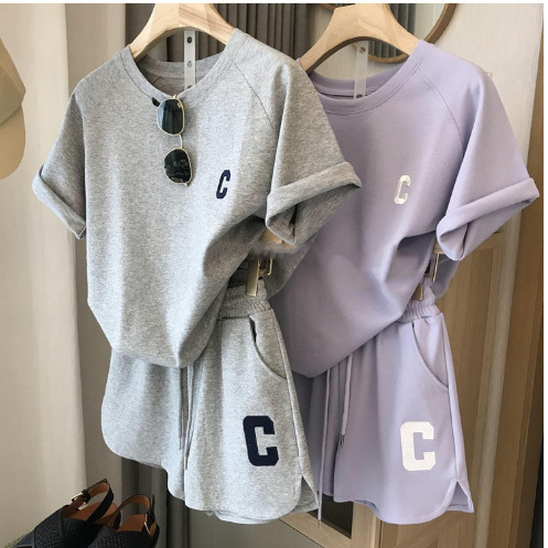 In-Stock Amazon Japanese and Korean Style Sports Suit for Women, Summer Thin Fish Scale Embroidery, Loose Plus-Size Short-Sleeve and Shorts Two-Piece Set