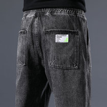 Autumn denim trousers mens straight loose trend Joker elastic rope teenagers hip hop black daddy pants men