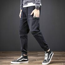 Dressed jeans mens autumn spring and autumn multi-pocket loose leg elastic waist Tide brand Youth casual trousers