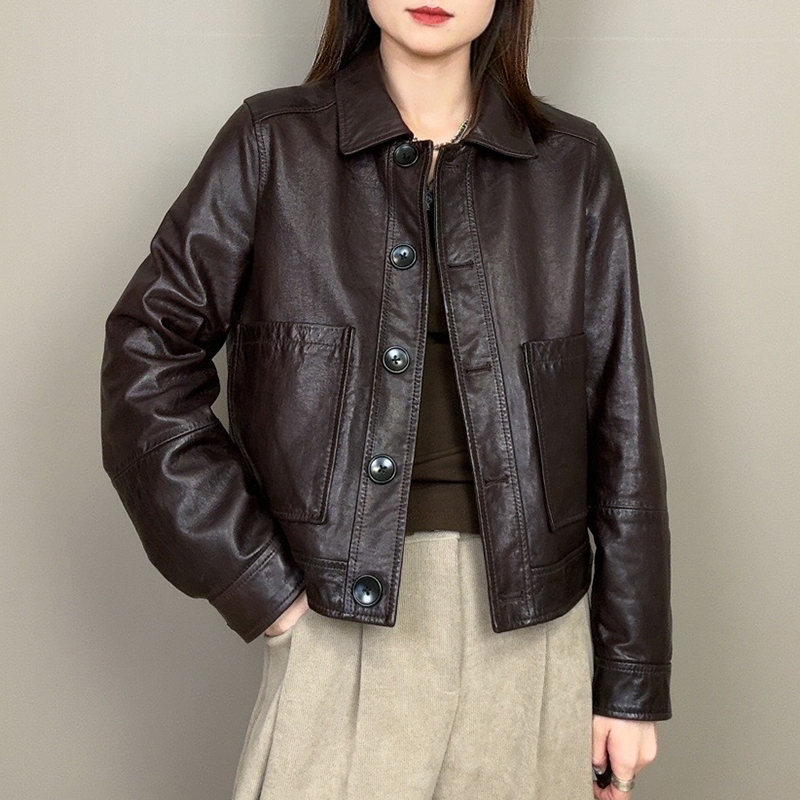 Haining 2024 Spring New Genuine Leather Jacket for Women, Short Sheepskin Single-Breasted Pocket Leather Jacket, Oil Wax Leather Coat Haining 2024 Spring New Genuine Leather Jacket for Women, Short Sheepskin Single-Breasted Pocket Leather Jacket, Oil Wax Leather Coat
