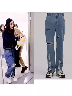 (H)The new Korean trendy brand Ader cargo king Error super fashionable heavy duty hard goods mid-waist ripped jeans