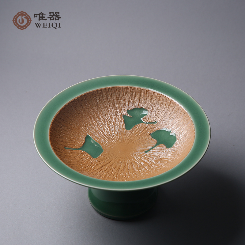 Green porcelain famous division Gong Zolli full handmade gingko fruit tray high-footed pan ceramic pastry dish for disc Buddha furniture