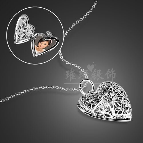 925 Silver Plated with Platinum Can Hold a Photo Heart-Shaped Necklace Pendant, Can Hold Photos, Couple Pure Silver Photo Box Photo Frame