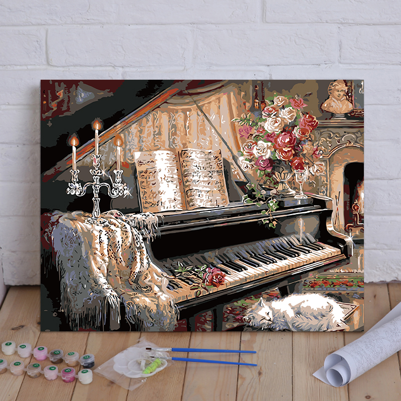 DIY digital oil painting animal flower cartoon still life living room large digital hand-painted decorative painting piano Xiao Mao